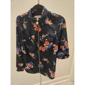 Michael Kors Size M Full Zip Floral Design Rolled Sleeves Gold-Tone Snap Pockets